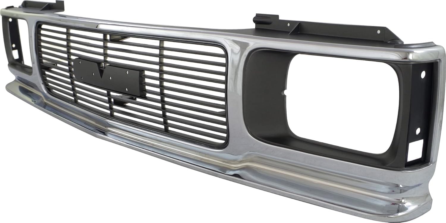 Front Grille Assembly Chrome Shell And Painted Gray Insert With Headlight Holes & Emblem Provision Direct Replacement Compatible With 1992-1994 GMC Jimmy / 1991-1993 Sonoma GM1200346