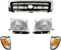 Front Grille Chrome Shell And Primed Insert + Corner Lights + Headlights Assembly Left Driver & Right Passenger Side Direct Replacement Compatible With 1998-2000 Toyota Tacoma