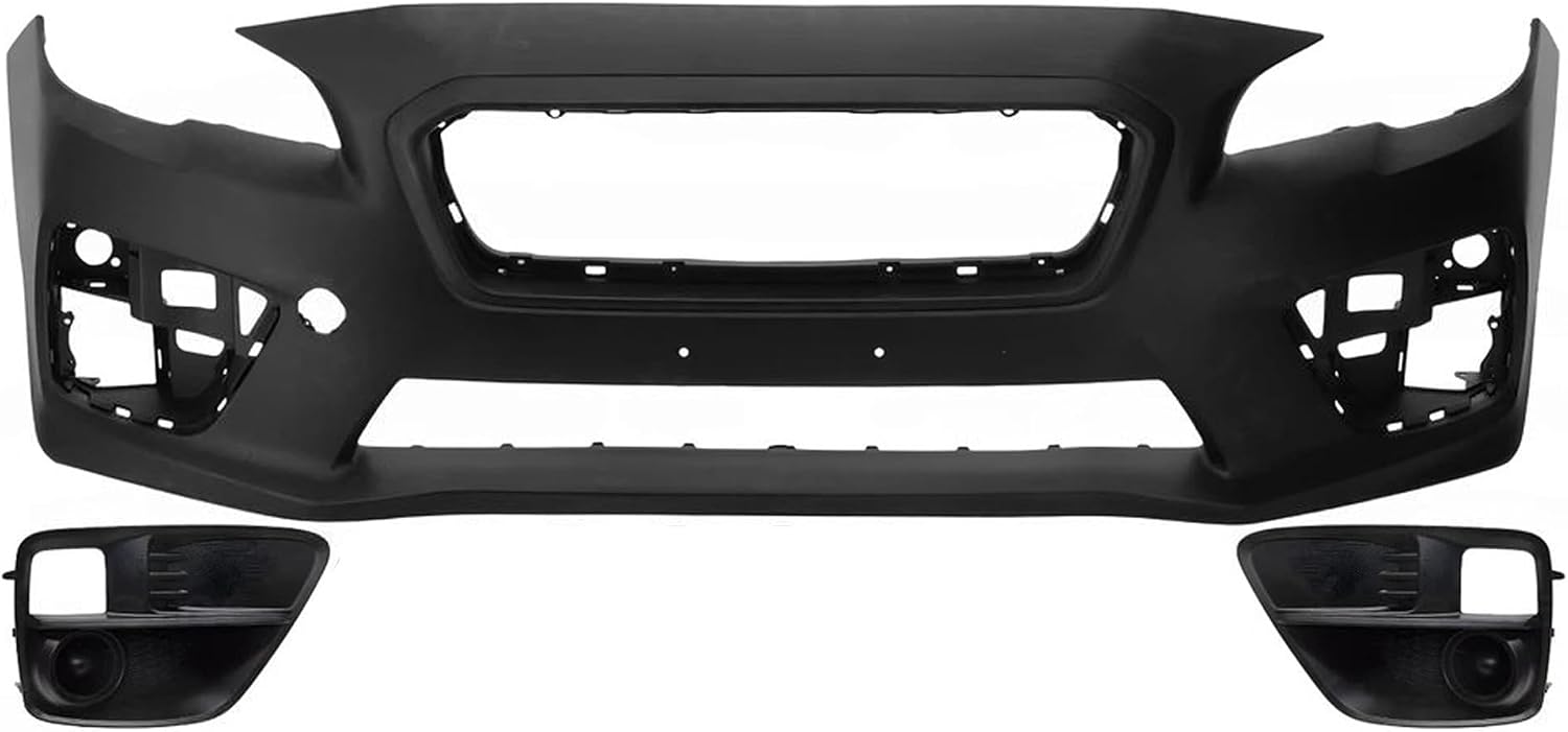 Front Bumper Cover Primed Plastic + Fog Lights Cover Left Driver & Right Passenger Side Direct Replacement Compatible With 2015-2017 Subaru WRX
