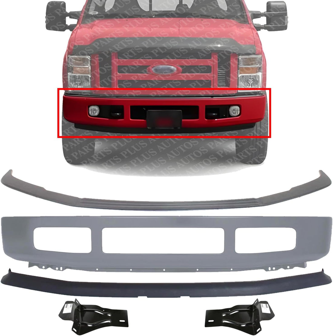 Front Bumper Primed Steel + Upper Molding + Lower Valance Spoiler Textured + Mounting Bracket Left & Right Side Direct Replacement Compatible With 2008-10 Ford F-250 F-350 Super Duty