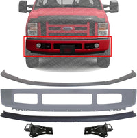 Front Bumper Primed Steel + Upper Molding + Lower Valance Spoiler Textured + Mounting Bracket Left & Right Side Direct Replacement Compatible With 2008-10 Ford F-250 F-350 Super Duty