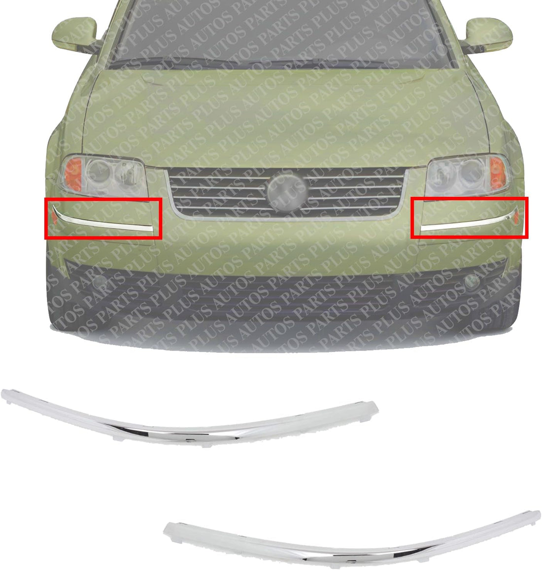 Set Of 2 Front Bumper Upper Molding Chrome Left Driver & Right Passenger Side Direct Replacement Compatible With 2001-2005 Volkswagen Passat VW1046102 VW1047102 3B08072442ZZ