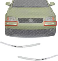Set Of 2 Front Bumper Upper Molding Chrome Left Driver & Right Passenger Side Direct Replacement Compatible With 2001-2005 Volkswagen Passat VW1046102 VW1047102 3B08072442ZZ