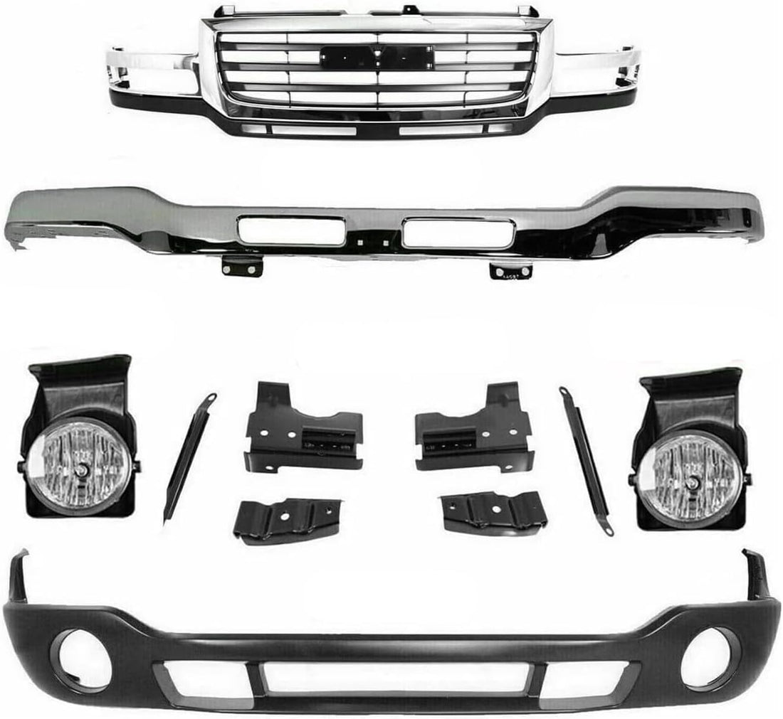 Front Bumper Steel + Grille Chrome + Lower Valance Primed + Fog Light Assembly Right & Left Side Direct Replacement Compatible With GMC Sierra 2500HD 3500 2003-2006 GM1200568