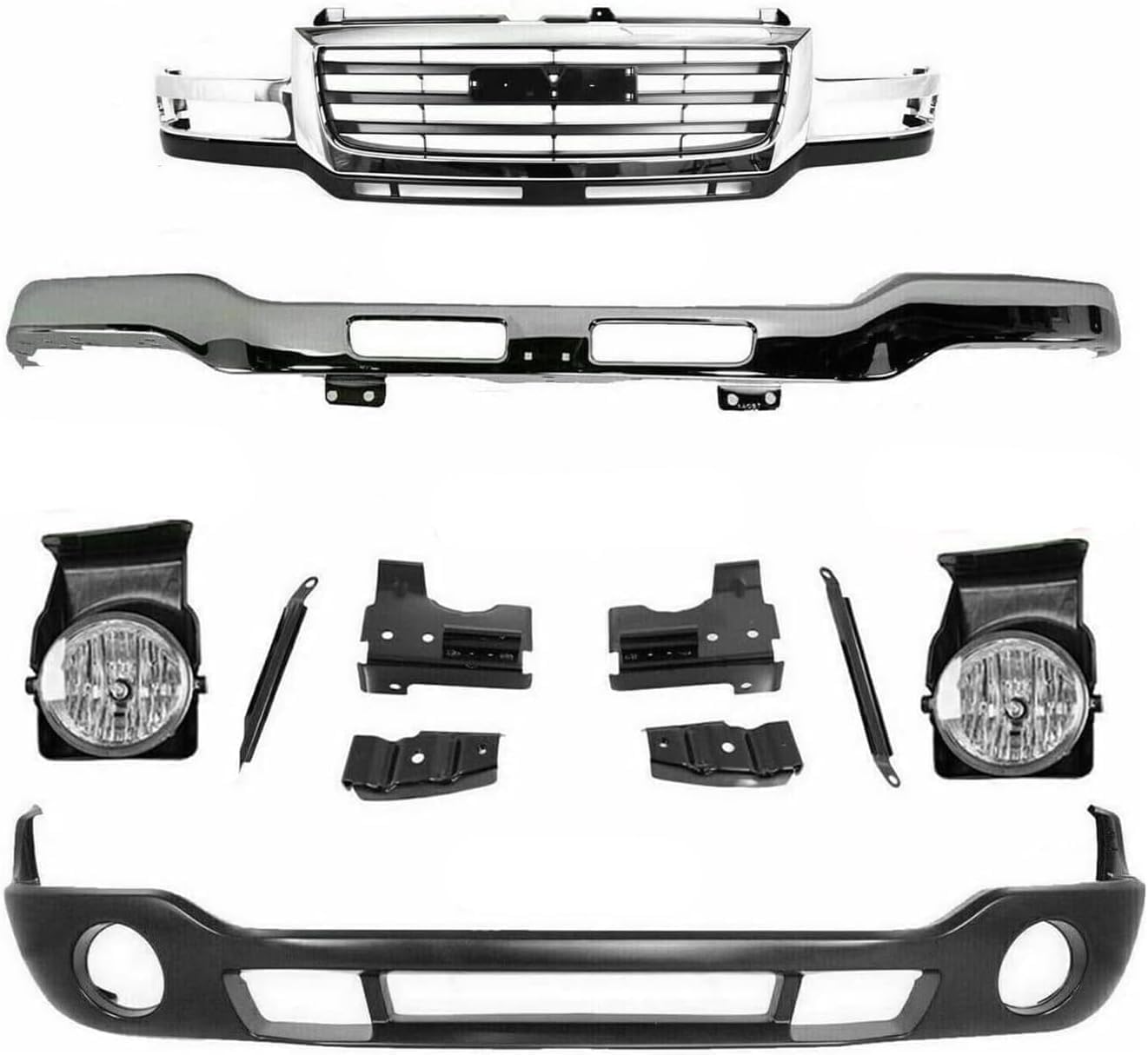 Front Bumper Steel + Grille Chrome + Lower Valance Primed + Fog Light Assembly Right & Left Side Direct Replacement Compatible With GMC Sierra 2500HD 3500 2003-2006 GM1200568