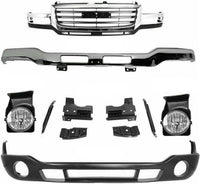 Front Bumper Steel + Grille Chrome + Lower Valance Primed + Fog Light Assembly Right & Left Side Direct Replacement Compatible With GMC Sierra 2500HD 3500 2003-2006 GM1200568