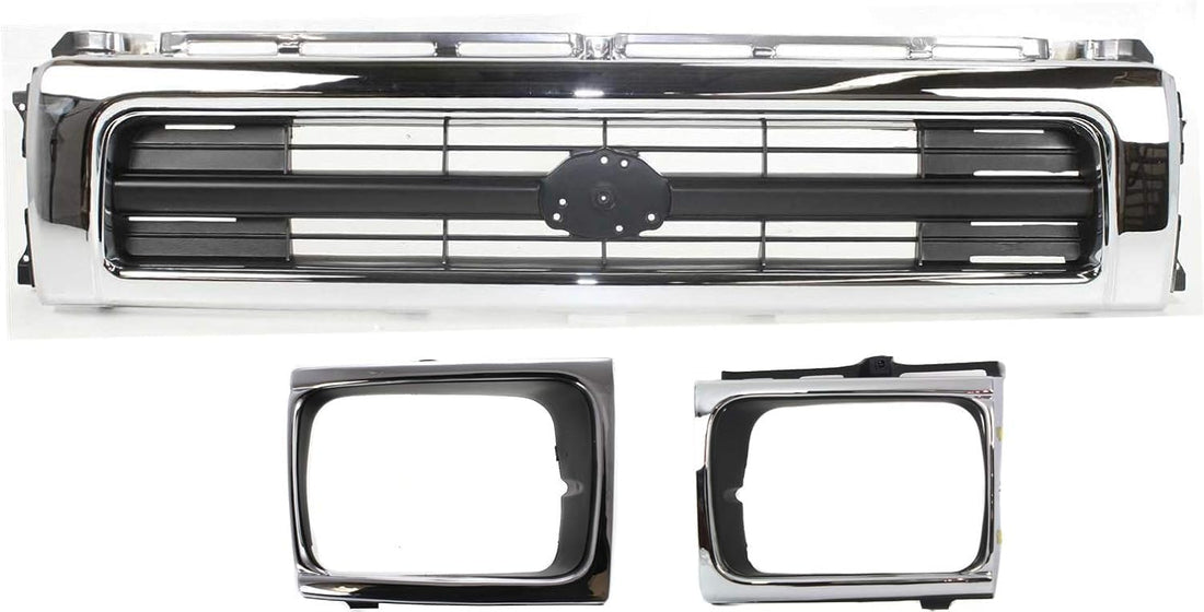 AUTOS PARTS PLUS Front Grille Chrome Shell/Painted Black Insert + Head Light Door Bezels Left Driver & Right Passenger Side Direct Replacement Compatible With 1992-1995 Toyota Pickup TO2512116