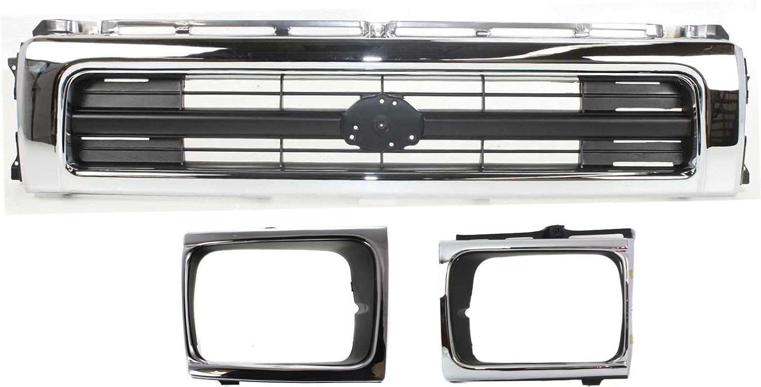 AUTOS PARTS PLUS Front Grille Chrome Shell/Painted Black Insert + Head Light Door Bezels Left Driver & Right Passenger Side Direct Replacement Compatible With 1992-1995 Toyota Pickup TO2512116