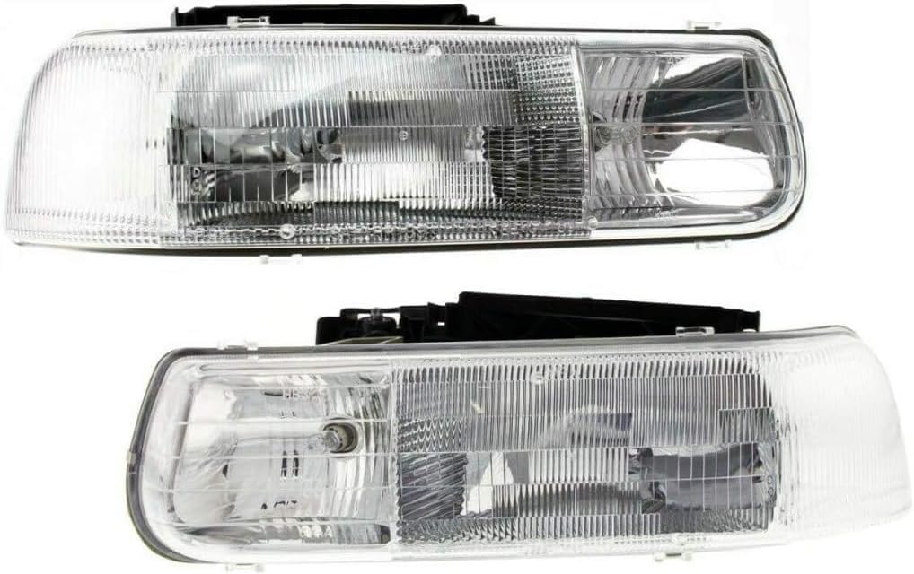Front Bumper Face Bar Upper Cover + Headlights Assembly + Moldings Left Driver & Right Passenger Side Direct Replacement Compatible With 2000-2006 Chevrolet Tahoe/Suburban GM1051103
