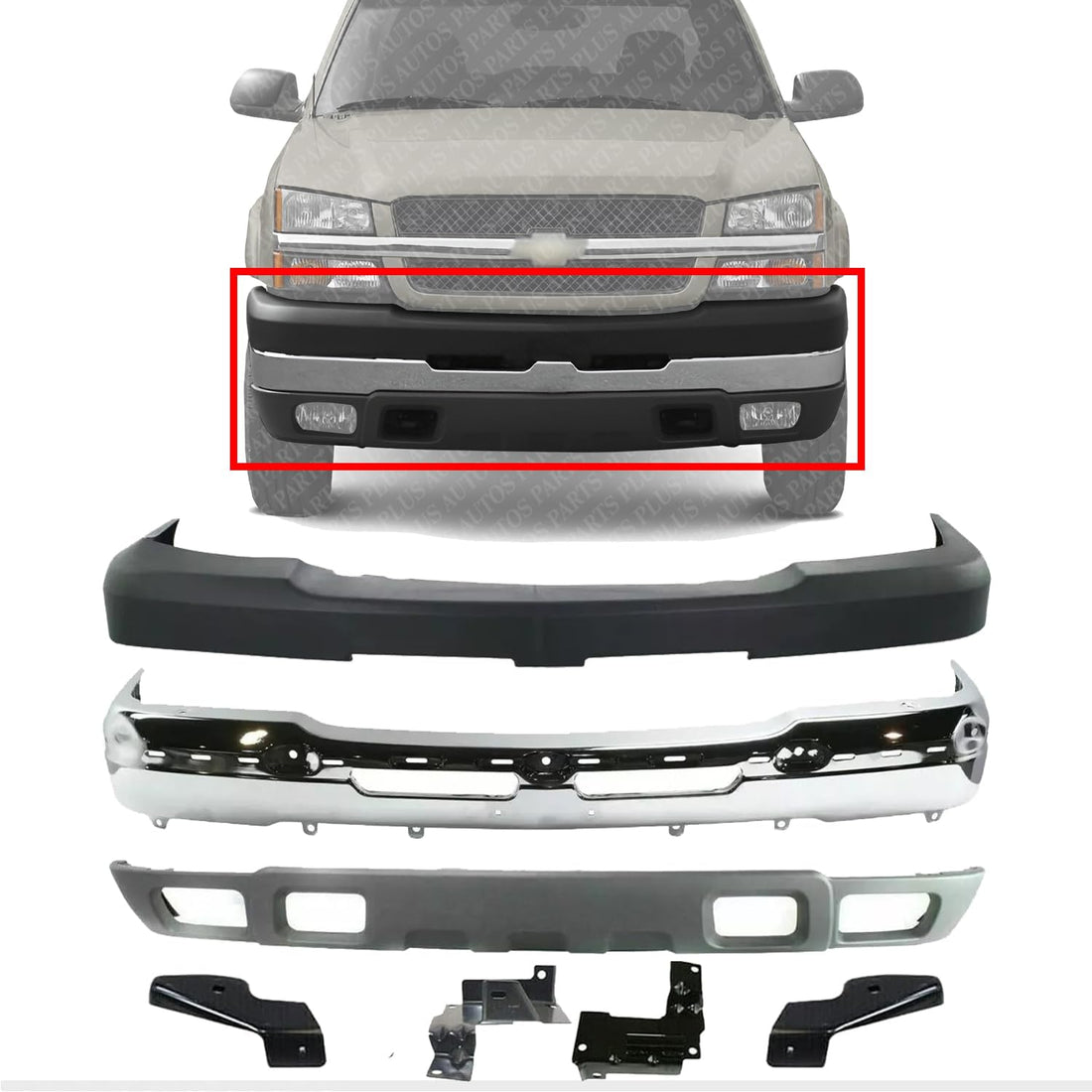 Front Bumper Chrome + Upper Cover Textured + Lower Valance + Brackets Set Right & Left Side Direct Replacement Compatible With 2003-2006 Chevrolet Silverado 2500HD 3500