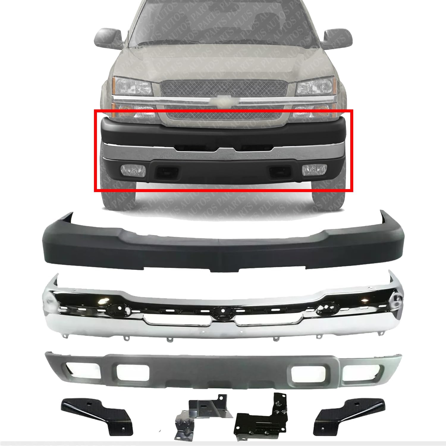 Front Bumper Chrome + Upper Cover Textured + Lower Valance + Brackets Set Right & Left Side Direct Replacement Compatible With 2003-2006 Chevrolet Silverado 2500HD 3500