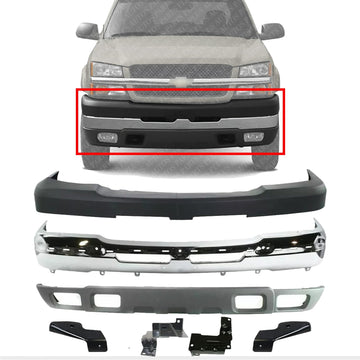 Front Bumper Chrome + Upper Cover Textured + Lower Valance + Brackets Set Right & Left Side Direct Replacement Compatible With 2003-2006 Chevrolet Silverado 2500HD 3500