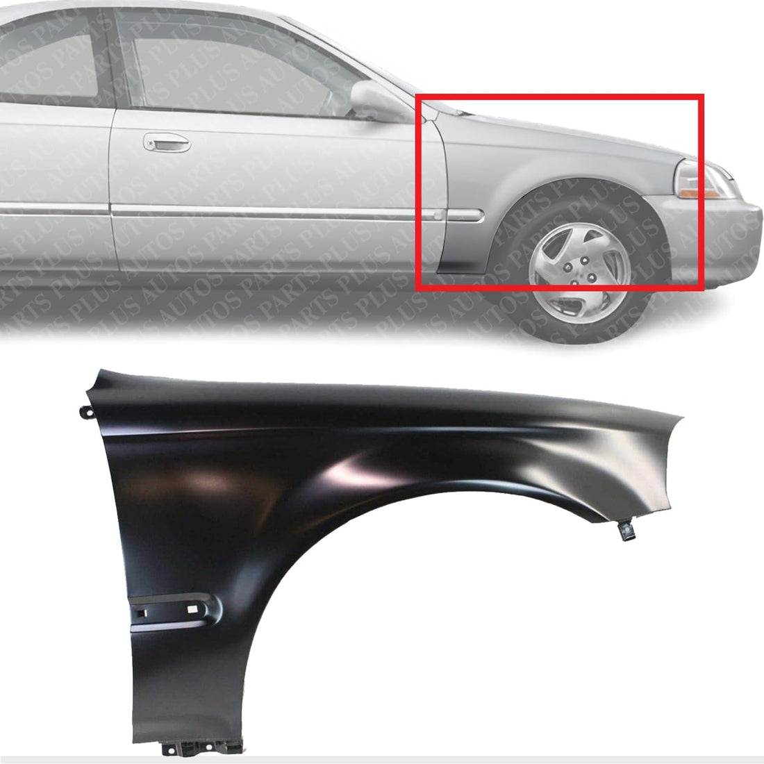 Front Fender Primed Steel With Molding Holes Right Passenger Side Direct Replacement Compatible With 1996-1998 Honda Civic HO1241143 60211S04A00ZZ