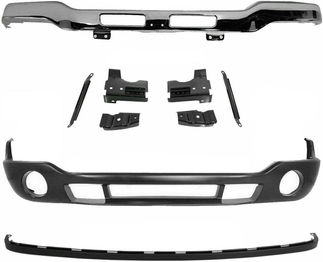AUTOS PARTS PLUS Front Bumper Chrome With Brackets + Lower Valance Primed With Fog Light Holes + Extension Textured Direct Replacement Compatible With GMC Sierra 1500 2500HD 3500 2003-2006