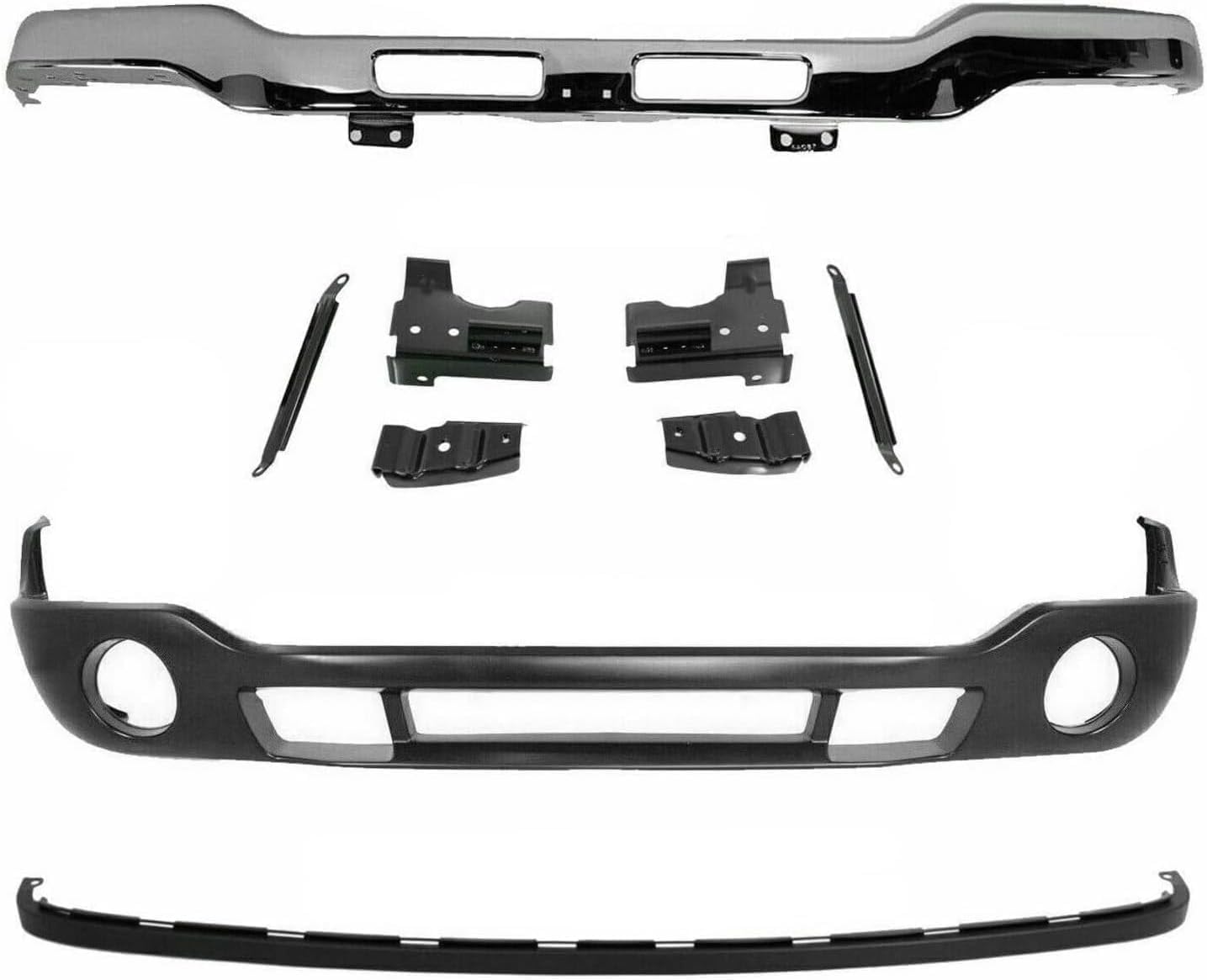 AUTOS PARTS PLUS Front Bumper Chrome With Brackets + Lower Valance Primed With Fog Light Holes + Extension Textured Direct Replacement Compatible With GMC Sierra 1500 2500HD 3500 2003-2006