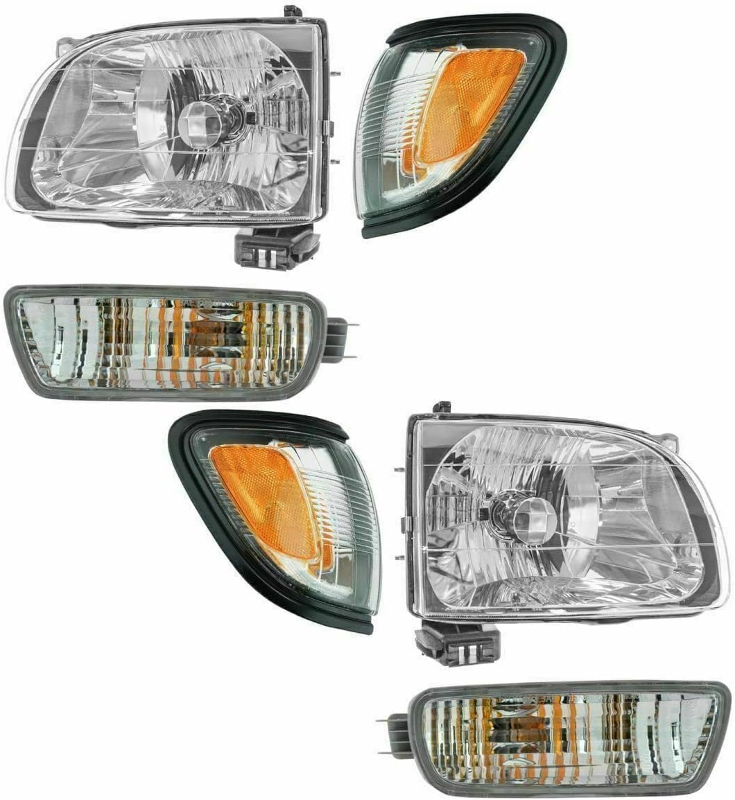 Front Headlights + Corner Lamps With Black Trim + Signal Lights Left Driver & Right Passenger Side Direct Replacement Compatible With 2001-2004 Toyota Tacoma TO2503136 TO2502136