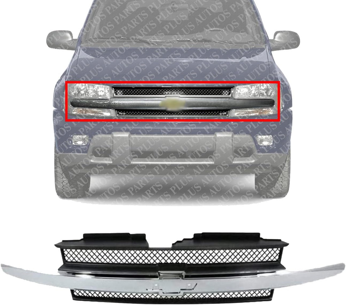 Front Grille Painted Black Shell And Insert With Chrome Center Bar Direct Replacement Compatible With 2002-2009 Chevrolet Trailblazer GM1200477 10358128