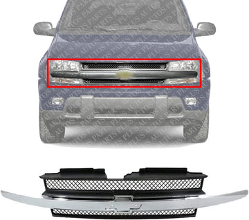 Front Grille Painted Black Shell And Insert With Chrome Center Bar Direct Replacement Compatible With 2002-2009 Chevrolet Trailblazer GM1200477 10358128