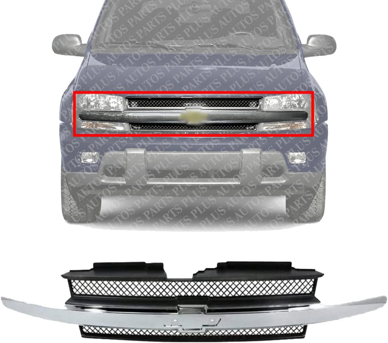 Front Grille Painted Black Shell And Insert With Chrome Center Bar Direct Replacement Compatible With 2002-2009 Chevrolet Trailblazer GM1200477 10358128