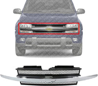 Front Grille Painted Black Shell And Insert With Chrome Center Bar Direct Replacement Compatible With 2002-2009 Chevrolet Trailblazer GM1200477 10358128