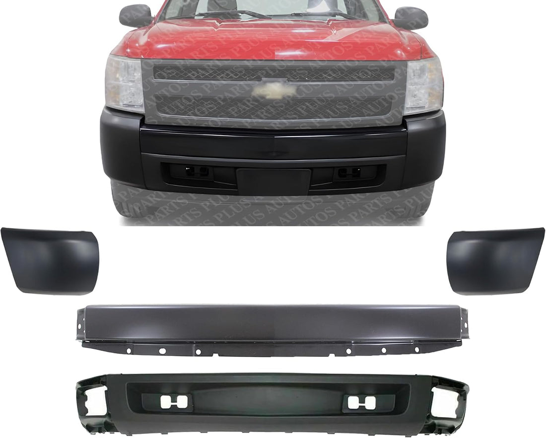 Front Bumper Primed Steel + Lower Valance Air Deflector + End Caps Left Driver & Right Passenger Side Direct Replacement Compatible With 2007-2013 Chevrolet Silverado 1500 GM1002828