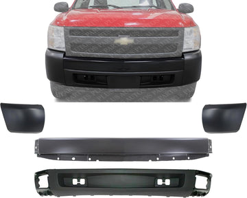 Front Bumper Primed Steel + Lower Valance Air Deflector + End Caps Left Driver & Right Passenger Side Direct Replacement Compatible With 2007-2013 Chevrolet Silverado 1500 GM1002828