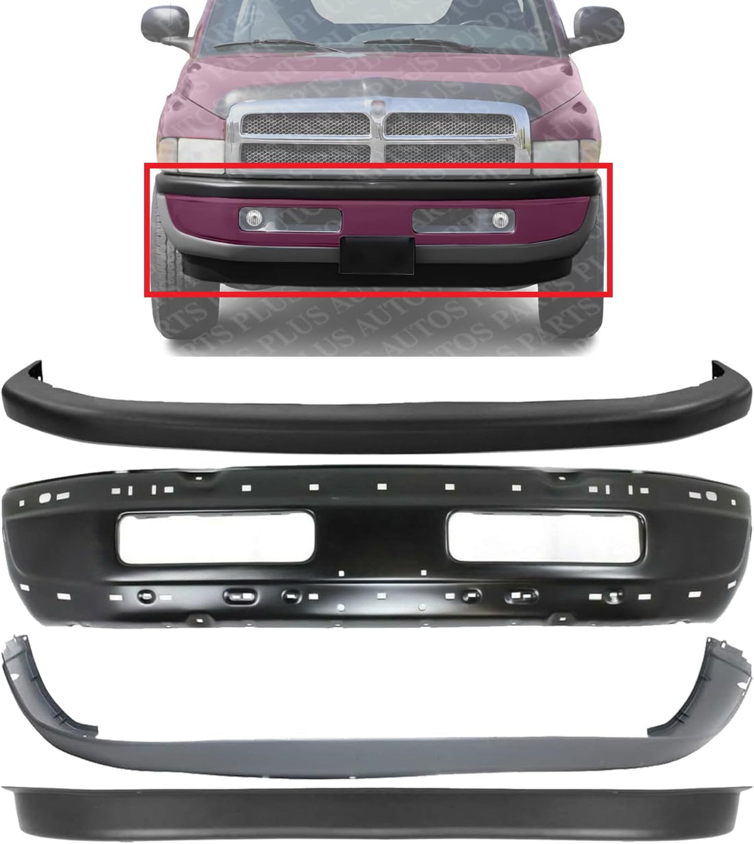 Front Bumper Primed Steel + Upper + Valance Textured + Lower Cover Direct Replacement Compatible with 1994-2001 Dodge Ram 1500/1994-2002 Ram 2500 3500 CH1000160 CH1002173 CH1002259