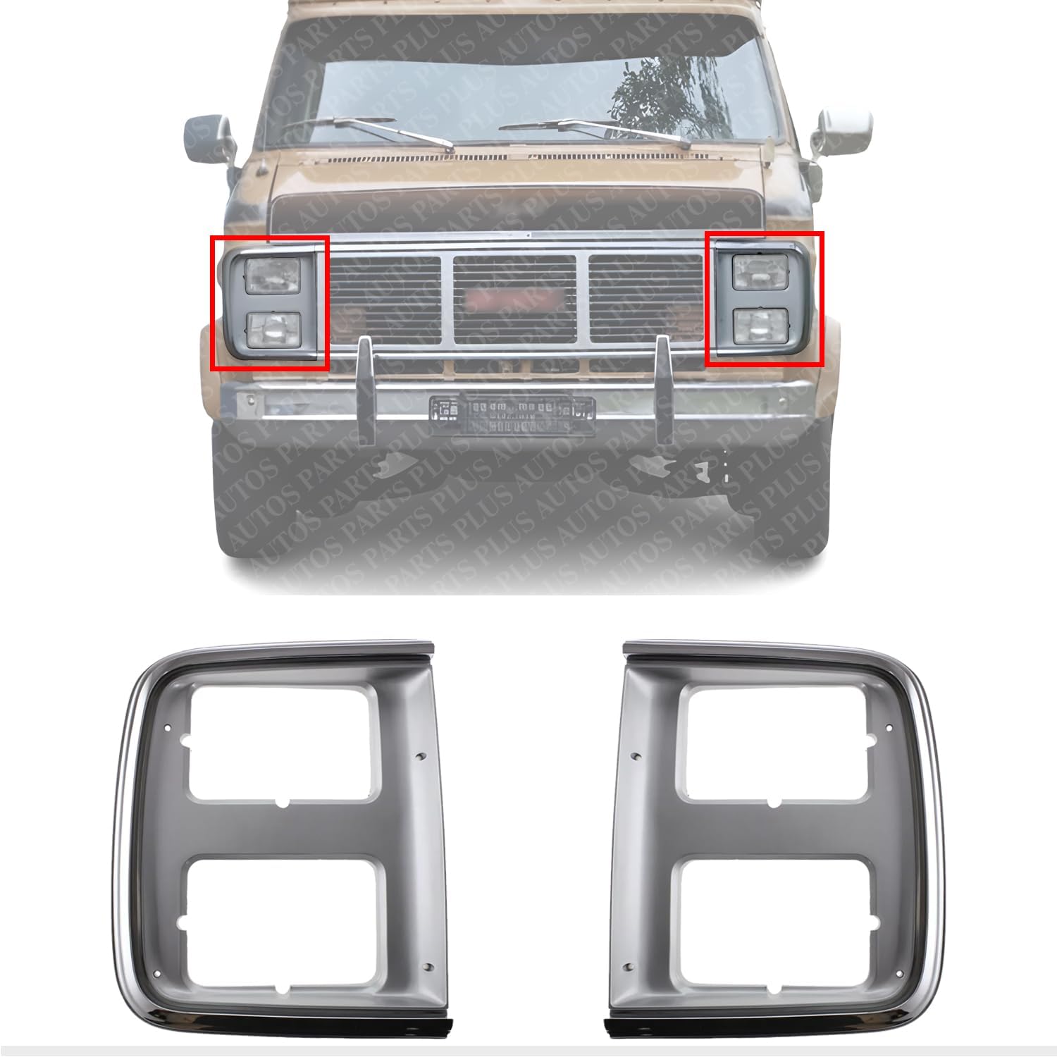 Set Of 2 Front Headlight Door Bezel Chrome Left Driver & Right Passenger Side Direct Replacement Compatible With 1985-1991 Chevrolet & GMC G-Series GM2513124 GM2512124 15596118