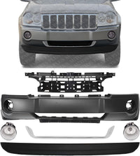 Front Bumper Cover + Lower Valance Air Dam Primed + Absorber + Molding Chrome + Fog Light Left & Right Side Direct Replacement Compatible With 2005-2007 Jeep Grand Cherokee CH1000450