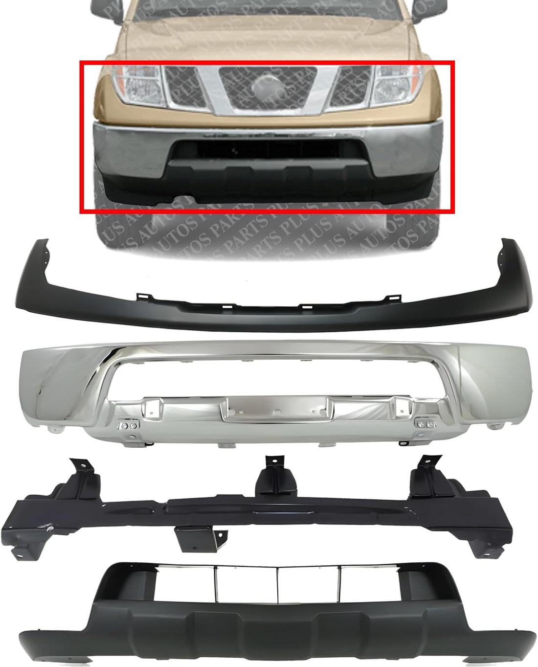 Front Bumper Chrome Steel + Upper Cover + Lower Valance Primed + Retainer Direct Replacement Compatible With 2005-2008 Nissan Frontier NI1000224 NI1002140 NI1006217 NI1015100