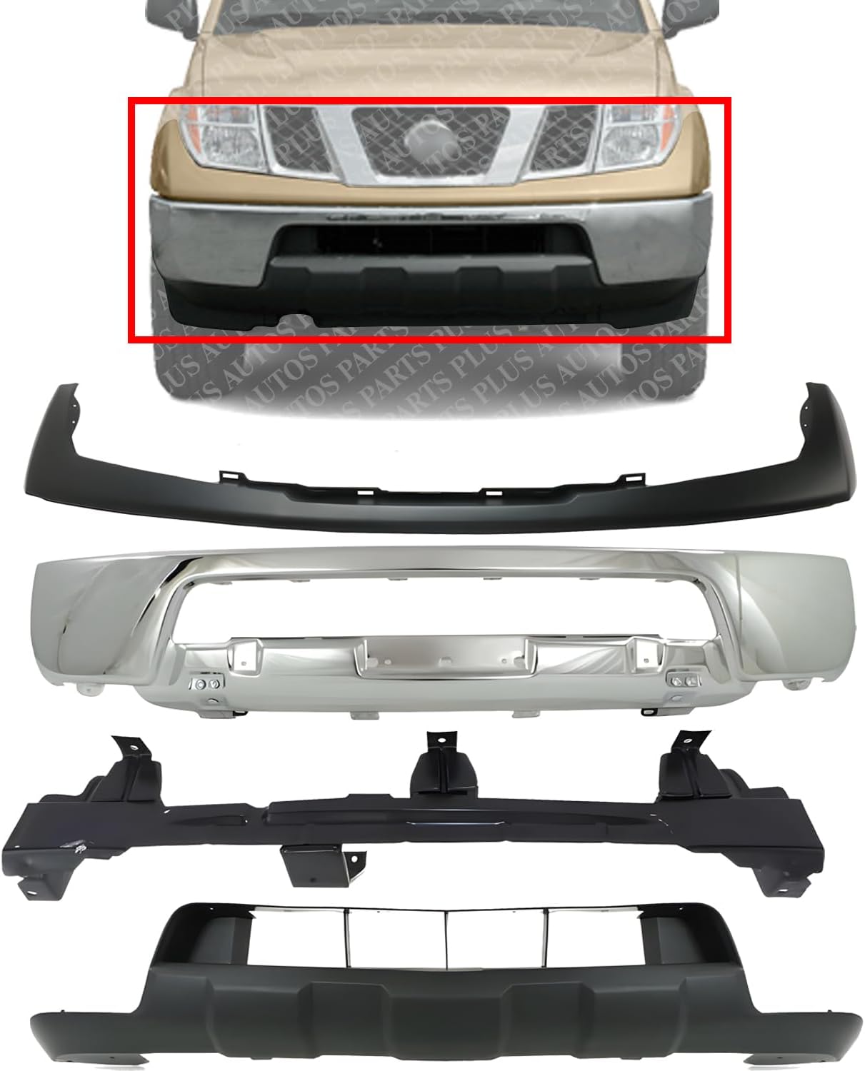 Front Bumper Chrome Steel + Upper Cover + Lower Valance Primed + Retainer Direct Replacement Compatible With 2005-2008 Nissan Frontier NI1000224 NI1002140 NI1006217 NI1015100