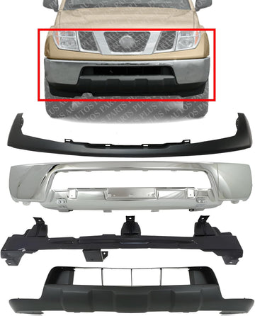 Front Bumper Chrome Steel + Upper Cover + Lower Valance Primed + Retainer Direct Replacement Compatible With 2005-2008 Nissan Frontier NI1000224 NI1002140 NI1006217 NI1015100