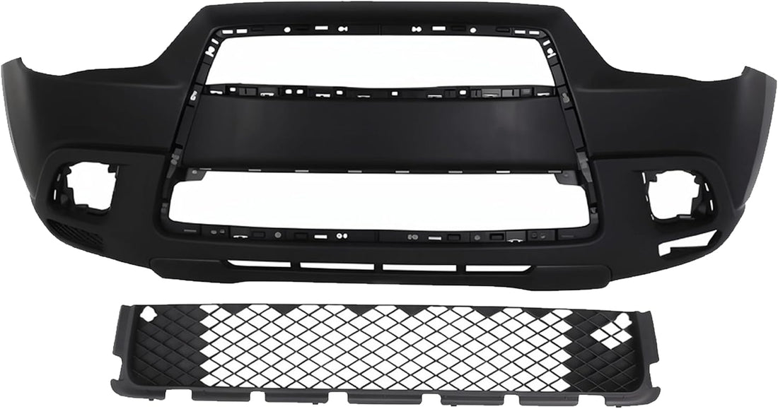 Front Bumper Cover Primed Plastic + Lower Grille + Fog Lights Left Driver & Right Passenger Side Direct Replacement Compatible With 2011-2012 Mitsubishi Outlander/RVR