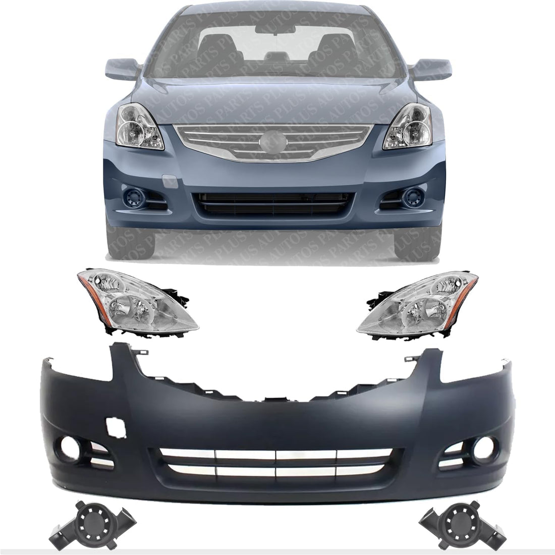 Front Bumper Primed Plastic + Head Lights + Fog Lamp Molding Left Driver & Right Passenger Side Direct Replacement Compatible with 2010-2012 Nissan Altima