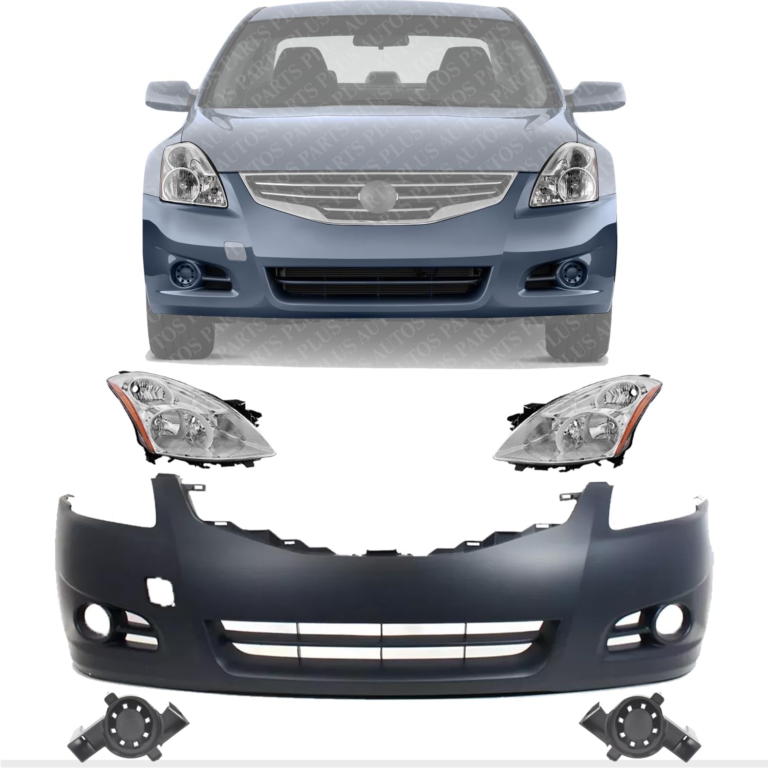 Front Bumper Primed Plastic + Head Lights + Fog Lamp Molding Left Driver & Right Passenger Side Direct Replacement Compatible with 2010-2012 Nissan Altima