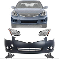 Front Bumper Primed Plastic + Head Lights + Fog Lamp Molding Left Driver & Right Passenger Side Direct Replacement Compatible with 2010-2012 Nissan Altima