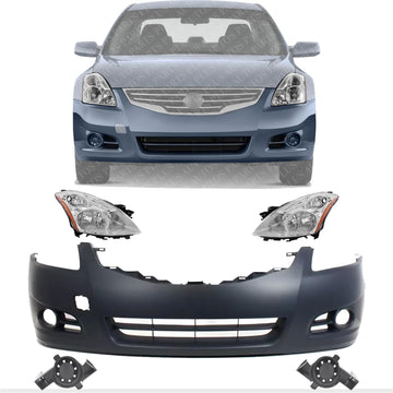 Front Bumper Primed Plastic + Head Lights + Fog Lamp Molding Left Driver & Right Passenger Side Direct Replacement Compatible with 2010-2012 Nissan Altima