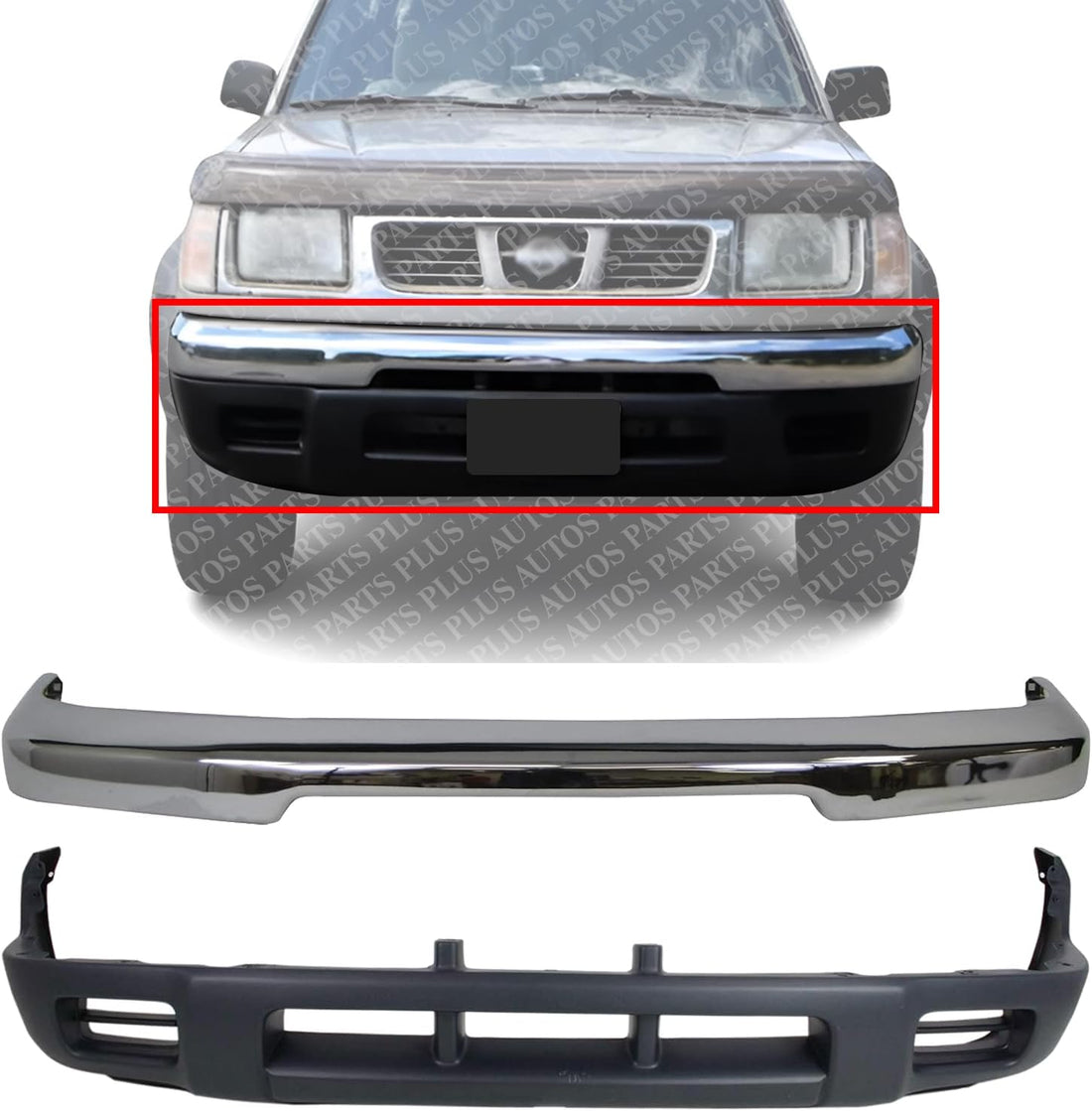 Front Bumper Chrome + Lower Valance Panel Primed Direct Replacement Compatible With 1998-2000 Nissan Frontier / 2000-2001 Xterra NI1002132 NI1095119 NI1095120 620149Z220