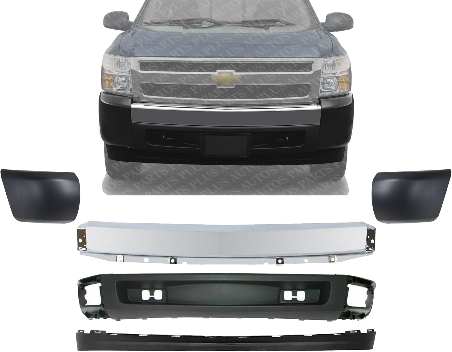 Front Bumper Impact Bar Steel + Lower Valance Air Deflector + Extension Textured + End Caps Left & Right Side Direct Replacement Compatible With 2007-2013 Chevrolet Silverado 1500
