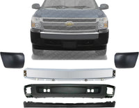 Front Bumper Impact Bar Steel + Lower Valance Air Deflector + Extension Textured + End Caps Left & Right Side Direct Replacement Compatible With 2007-2013 Chevrolet Silverado 1500
