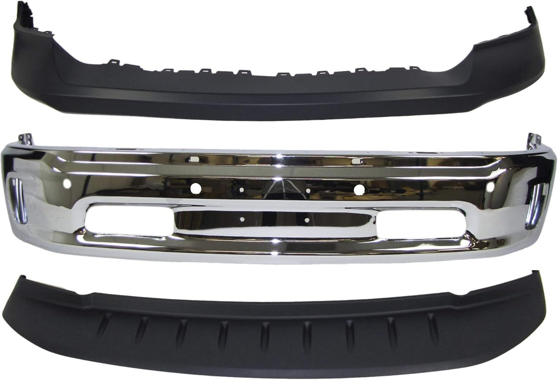 Front Bumper Chrome Steel + Upper Cover Primed + Lower Valance Air Dam Textured Direct Replacement Compatible With Ram 1500 2014-2018 CH1014108 CH1002402 CH1090147