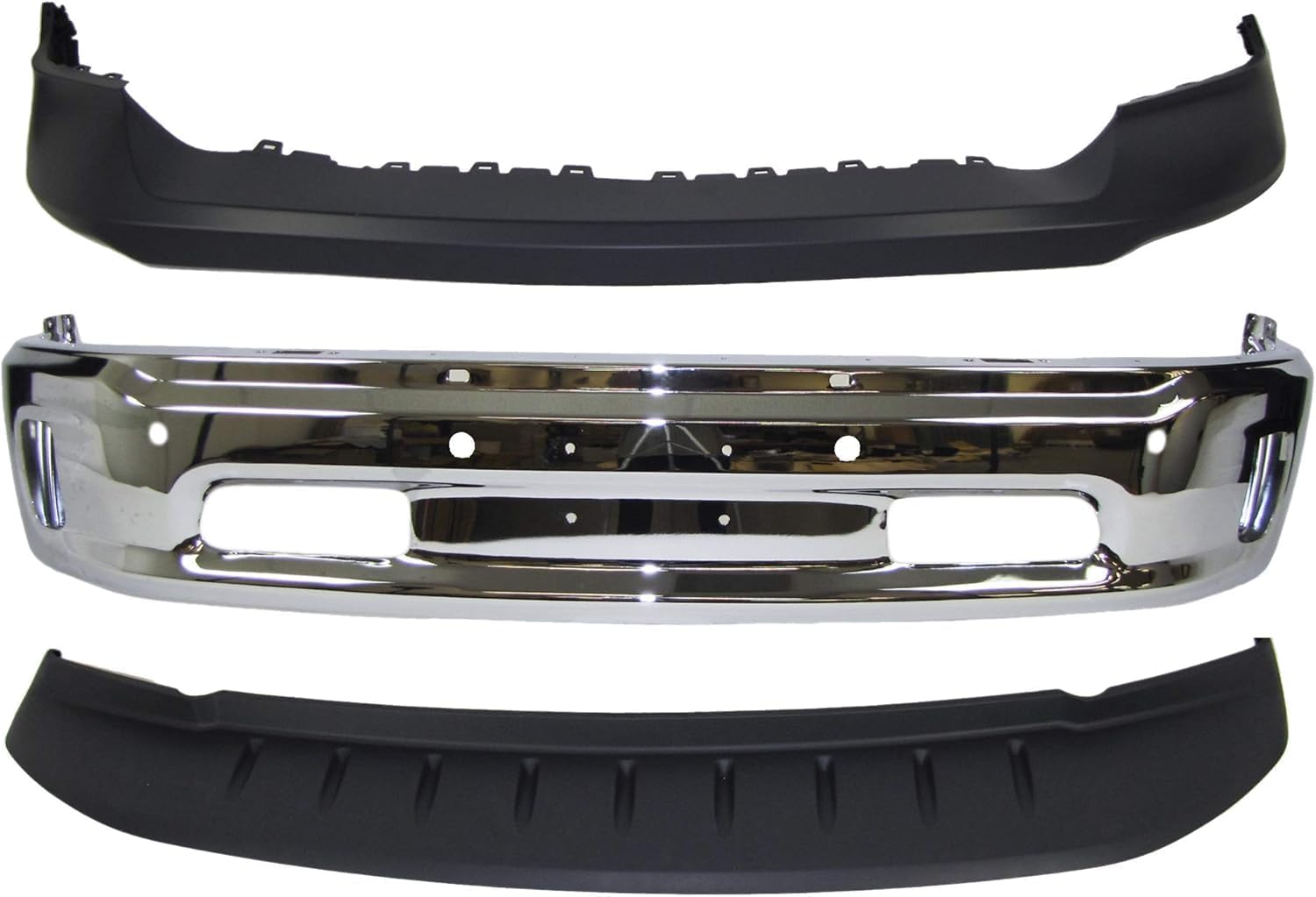 Front Bumper Chrome Steel + Upper Cover Primed + Lower Valance Air Dam Textured Direct Replacement Compatible With Ram 1500 2014-2018 CH1014108 CH1002402 CH1090147