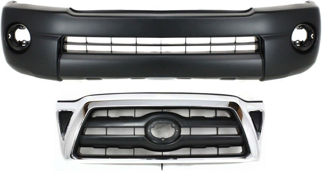 AUTOS PARTS PLUS Front Bumper Cover Textured Plastic + Grille Chrome Shell With Black Insert Direct Replacement Compatible With 2005-2008 Toyota Tacoma TO1000302 TO1200268 5211904040 5310004360