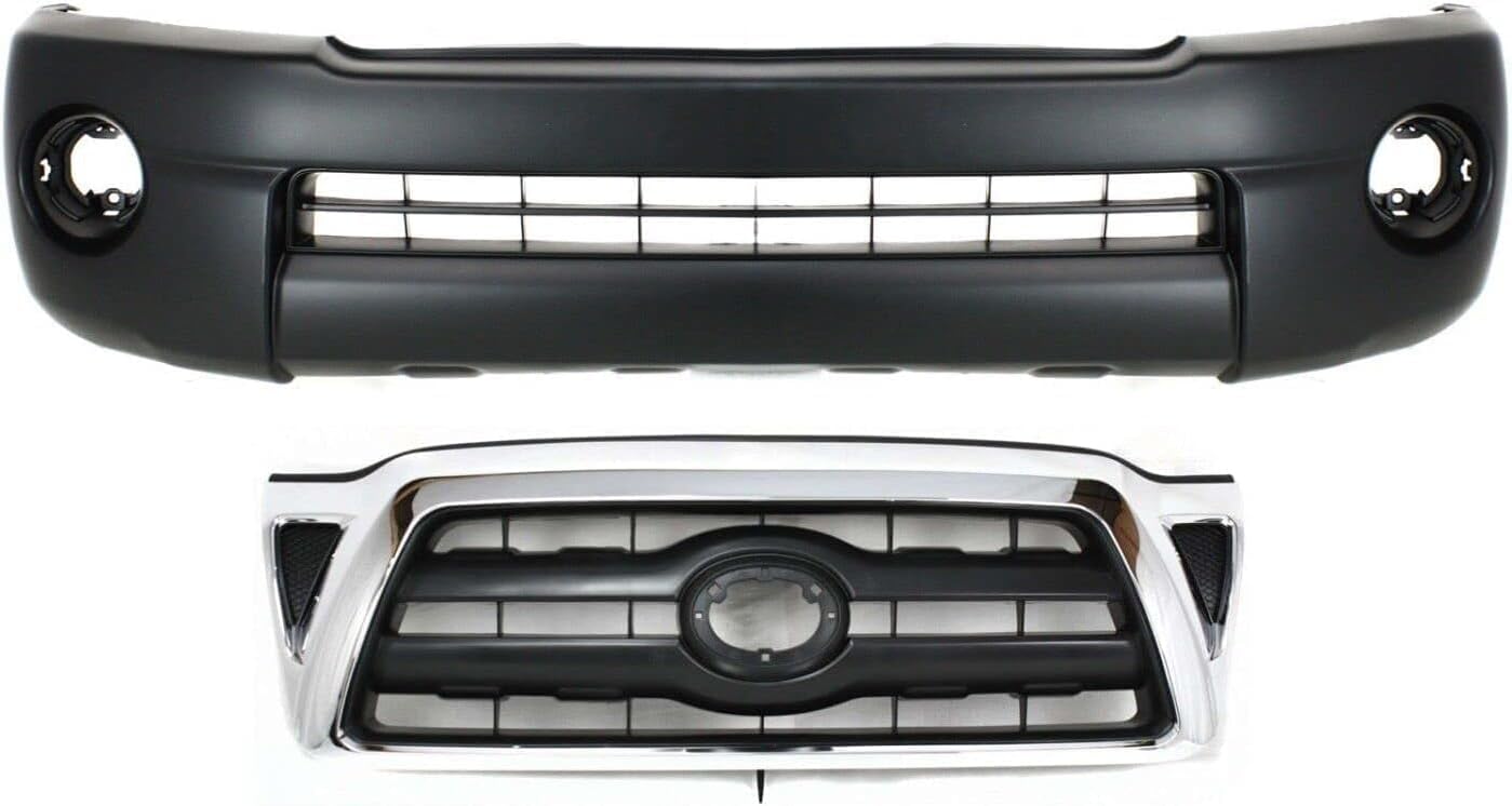 AUTOS PARTS PLUS Front Bumper Cover Textured Plastic + Grille Chrome Shell With Black Insert Direct Replacement Compatible With 2005-2008 Toyota Tacoma TO1000302 TO1200268 5211904040 5310004360