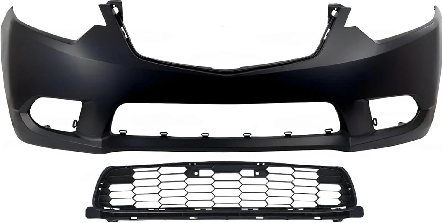Front Bumper Cover Primed Plastic + Lower Grille Direct Replacement Compatible With 2011-2014 Acura TSX