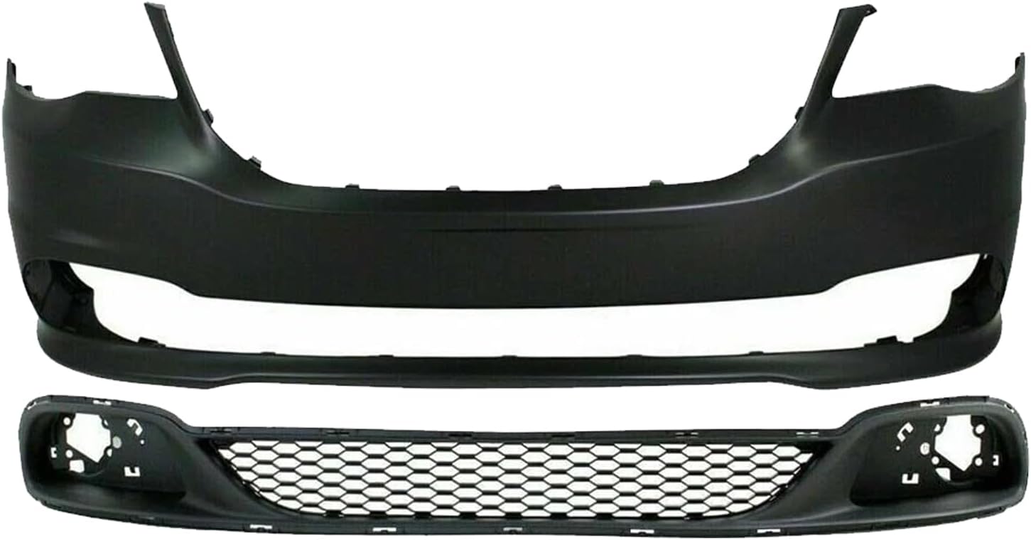 Front Bumper Cover Primed With Fog Light Holes + Lower Grille Textured Gray Direct Replacement Compatible With 2011-2020 Dodge Grand Caravan CH1000A02 CH1036115 68088966AA 68100690AA