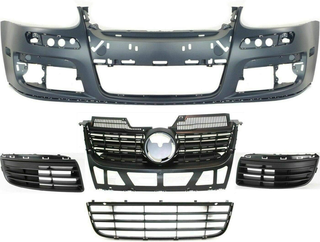 Front Bumper Cover Primed + Upper & Lower Grille + Fog Light Cover Left Driver & Right Passenger Side Direct Replacement Compatible With 2005-2010 Volkswagen Jetta VW1200139