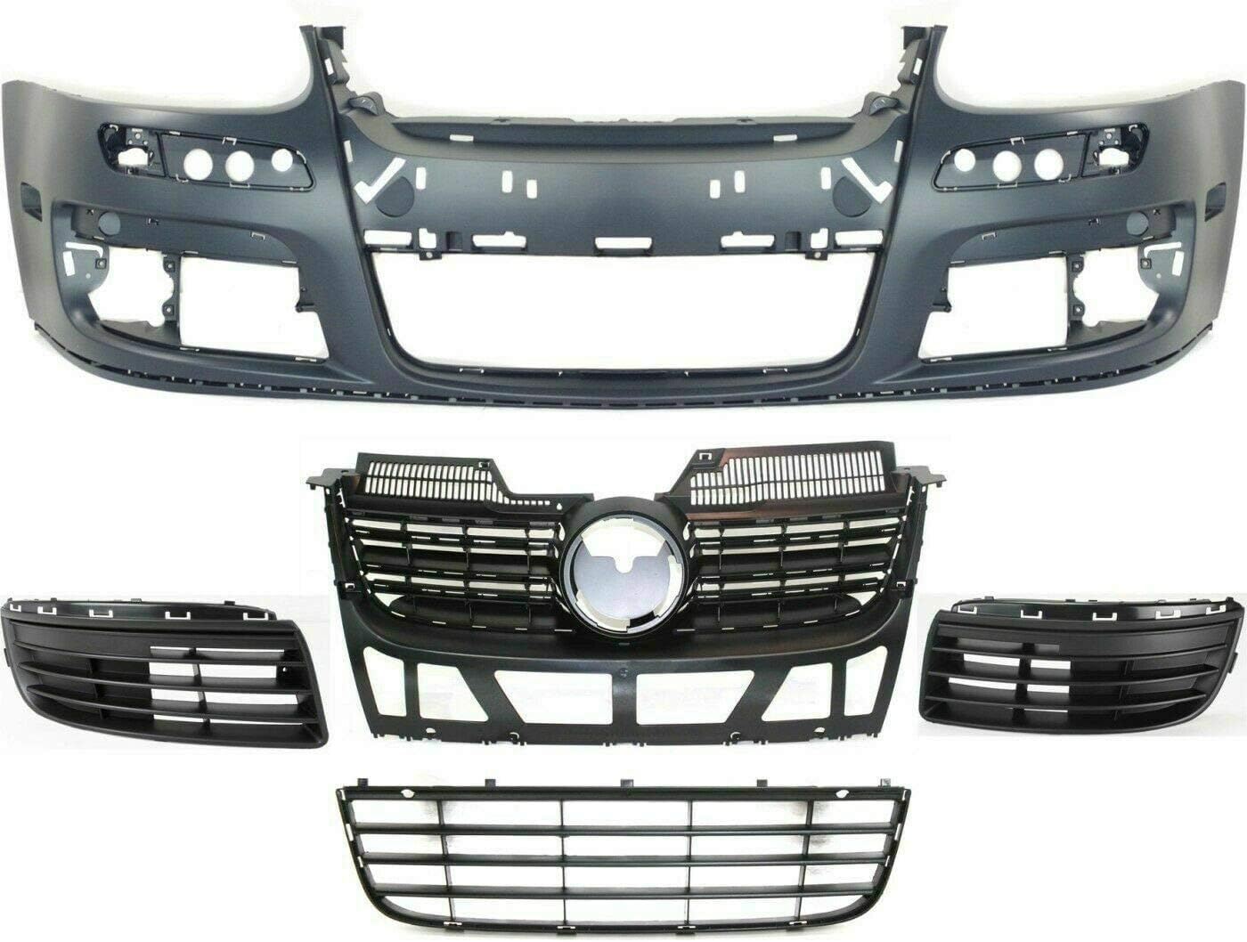 Front Bumper Cover Primed + Upper & Lower Grille + Fog Light Cover Left Driver & Right Passenger Side Direct Replacement Compatible With 2005-2010 Volkswagen Jetta VW1200139