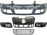 Front Bumper Cover Primed + Upper & Lower Grille + Fog Light Cover Left Driver & Right Passenger Side Direct Replacement Compatible With 2005-2010 Volkswagen Jetta VW1200139