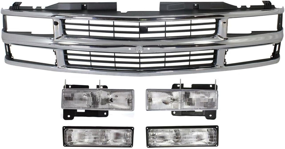 Front Grill Chrome Shell And Insert + Headlights + Signal Lamps Left Driver & Right Passenger Side Direct Replacement Compatible With 1994-2000 Chevrolet C/K Series GM1200238